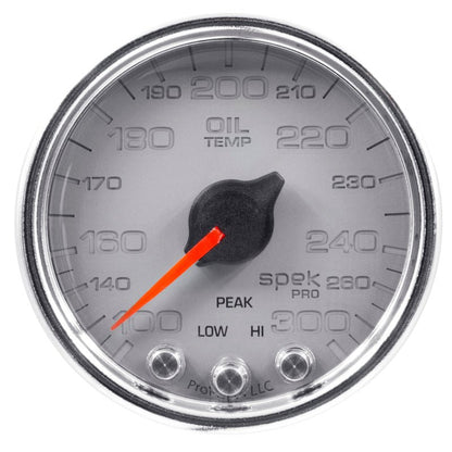 Autometer Spek - Pro Gauge Oil Temperature 2 1/16in 300f Stepper Motor W/Peak & Warn Silver / Chrome Universal | P32221 - JDMuscleTemperature GaugesatmP32221