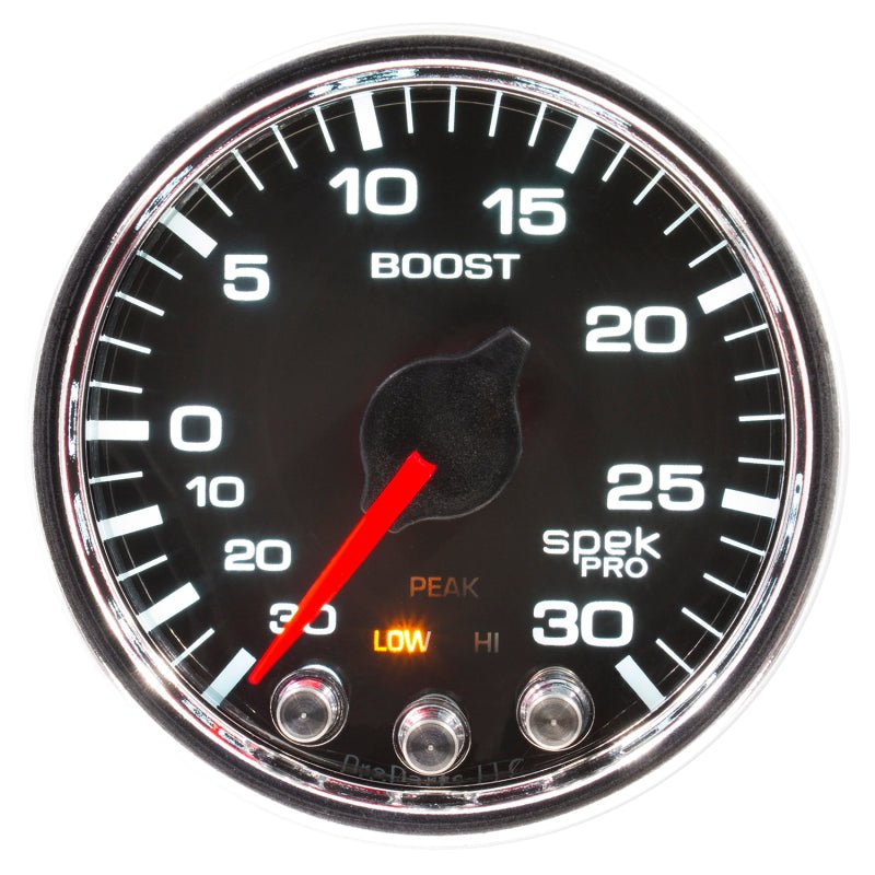 Autometer Spek - Pro Gauge Vaccum/Boost 2 1/16in 30Inhg - 30psi Stepper Motor W/Peak & Warn Black/Chrome Universal | P30231 - JDMuscleBoost GaugesatmP30231