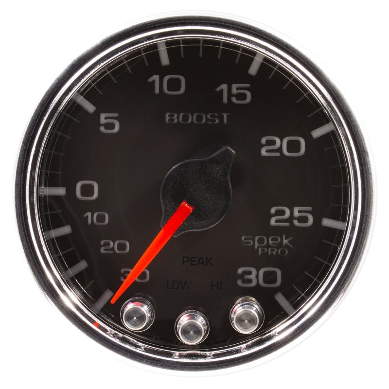 Autometer Spek - Pro Gauge Vaccum/Boost 2 1/16in 30Inhg - 30psi Stepper Motor W/Peak & Warn Black/Chrome Universal | P30231 - JDMuscleBoost GaugesatmP30231