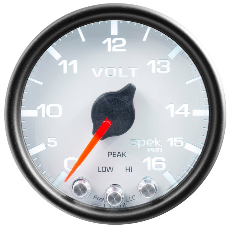 Autometer Spek - Pro Gauge Voltmeter 2 1/16in 16V Stepper Motor W/Peak & Warn White / Black Universal | P34412 - JDMuscleVolt GaugesatmP34412