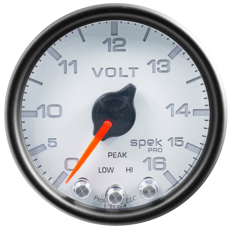 Autometer Spek - Pro Gauge Voltmeter 2 1/16in 16V Stepper Motor W/Peak & Warn White / Black Universal | P34412 - JDMuscleVolt GaugesatmP34412