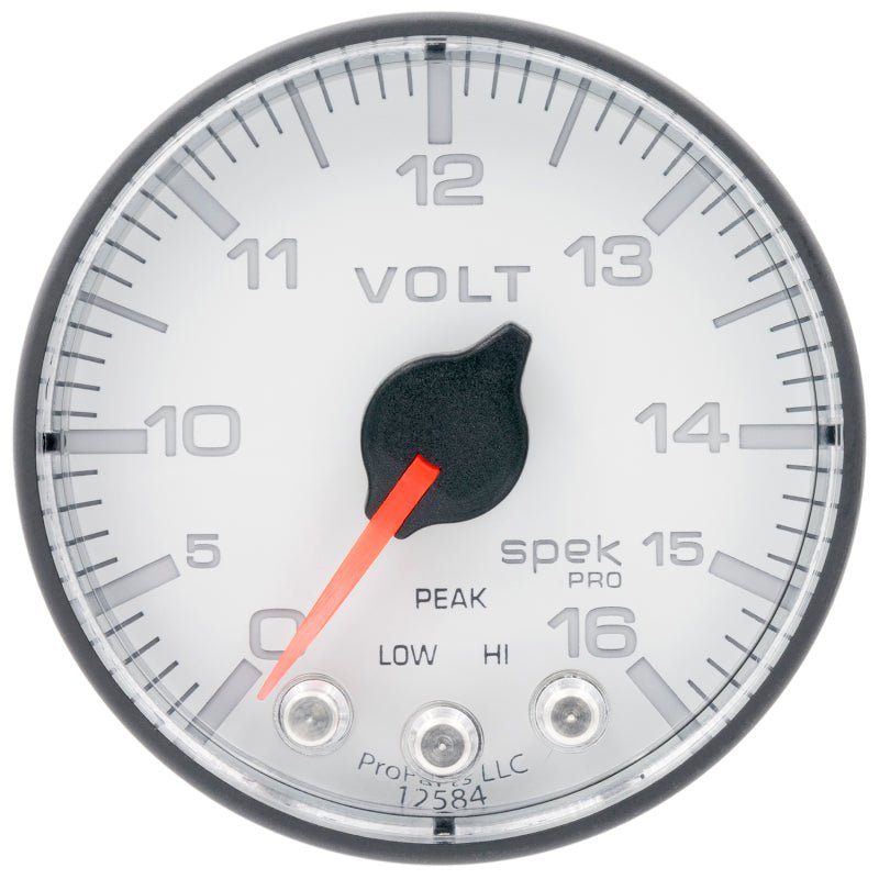 Autometer Spek - Pro Gauge Voltmeter 2 1/16in 16V Stepper Motor W/Peak & Warn White / Black Universal | P344128 - JDMuscleVolt GaugesatmP344128
