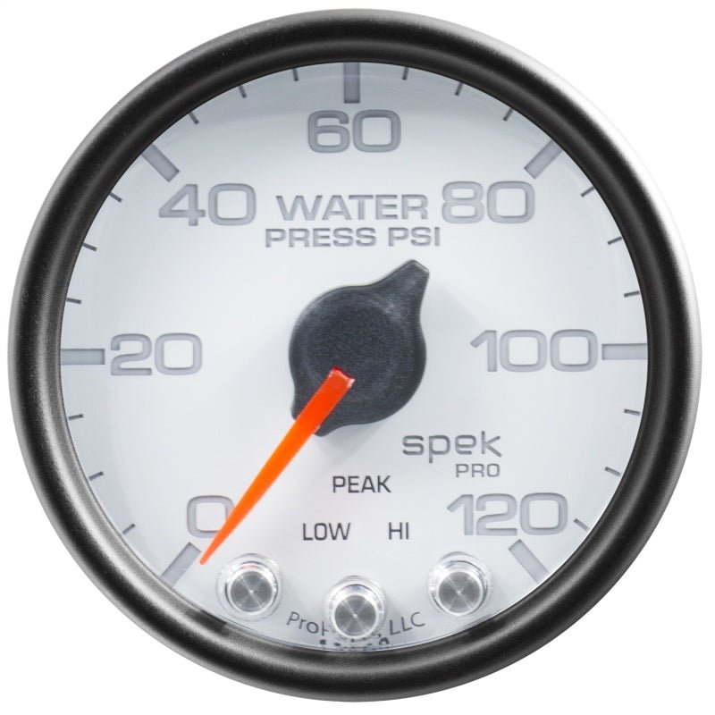 Autometer Spek - Pro Gauge Water Pressure 2 1/16in 120psi Stepper Motor W/Peak & Warn White / Black Universal | P34512 - JDMusclePressure GaugesatmP34512