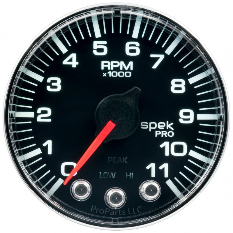Autometer Spek - Pro Tachometer Gauge 2 1/16in 11K Rpm W/ Shift Light & Peak Mem Black / Chrome Universal | P336318 - JDMuscleTachometersatmP336318