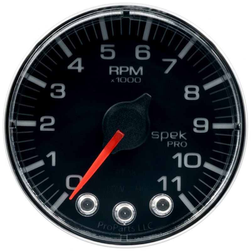 Autometer Spek - Pro Tachometer Gauge 2 1/16in 11K Rpm W/ Shift Light & Peak Mem Black / Chrome Universal | P336318 - JDMuscleTachometersatmP336318