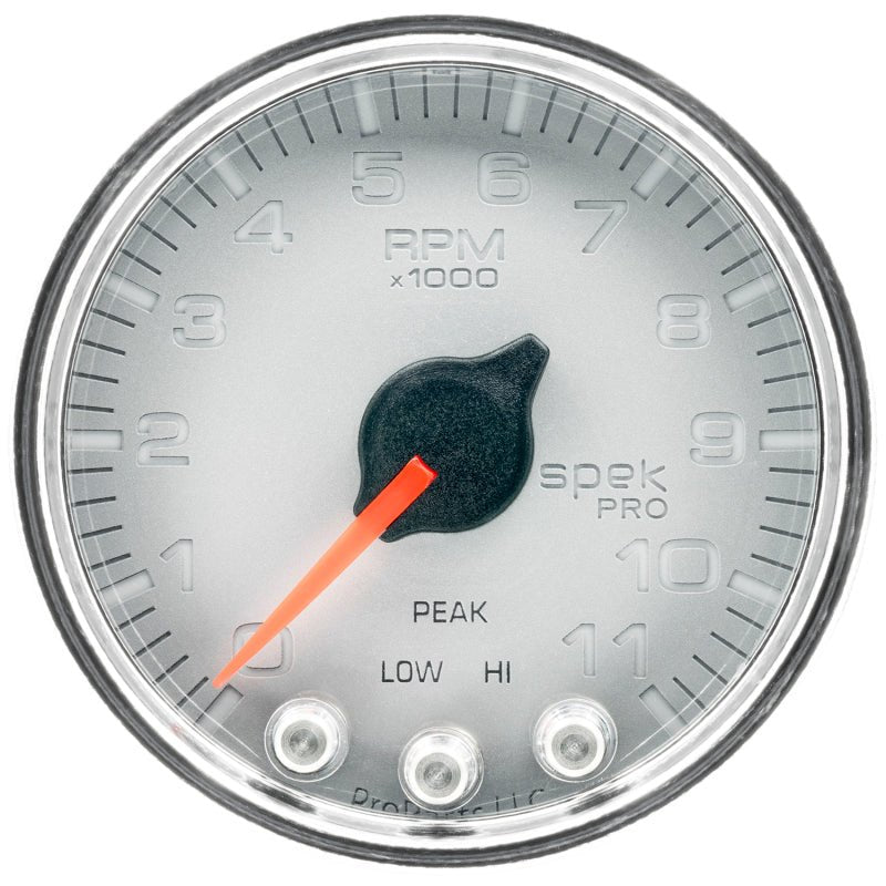 Autometer Spek - Pro Tachometer Gauge 2 1/16in 11K Rpm W/ Shift Light & Peak Mem Silver / Chrome Universal | P33621 - JDMuscleTachometersatmP33621