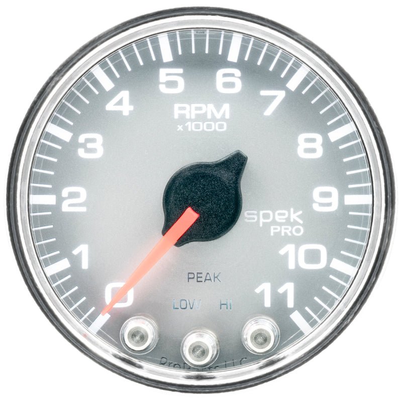 Autometer Spek - Pro Tachometer Gauge 2 1/16in 11K Rpm W/ Shift Light & Peak Mem Silver / Chrome Universal | P33621 - JDMuscleTachometersatmP33621