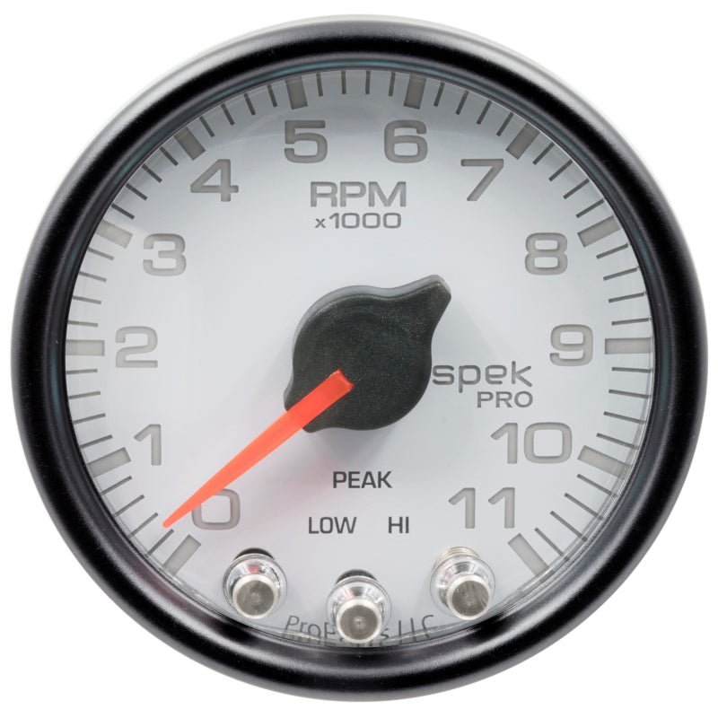 Autometer Spek - Pro Tachometer Gauge 2 1/16in 11K Rpm W/ Shift Light & Peak Mem White / Black Universal | P33612 - JDMuscleTachometersatmP33612