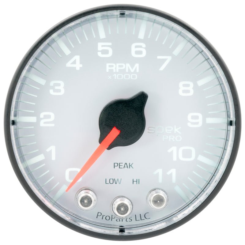 Autometer Spek - Pro Tachometer Gauge 2 1/16in 11K Rpm W/ Shift Light & Peak Mem White / Black Universal | P336128 - JDMuscleTachometersatmP336128
