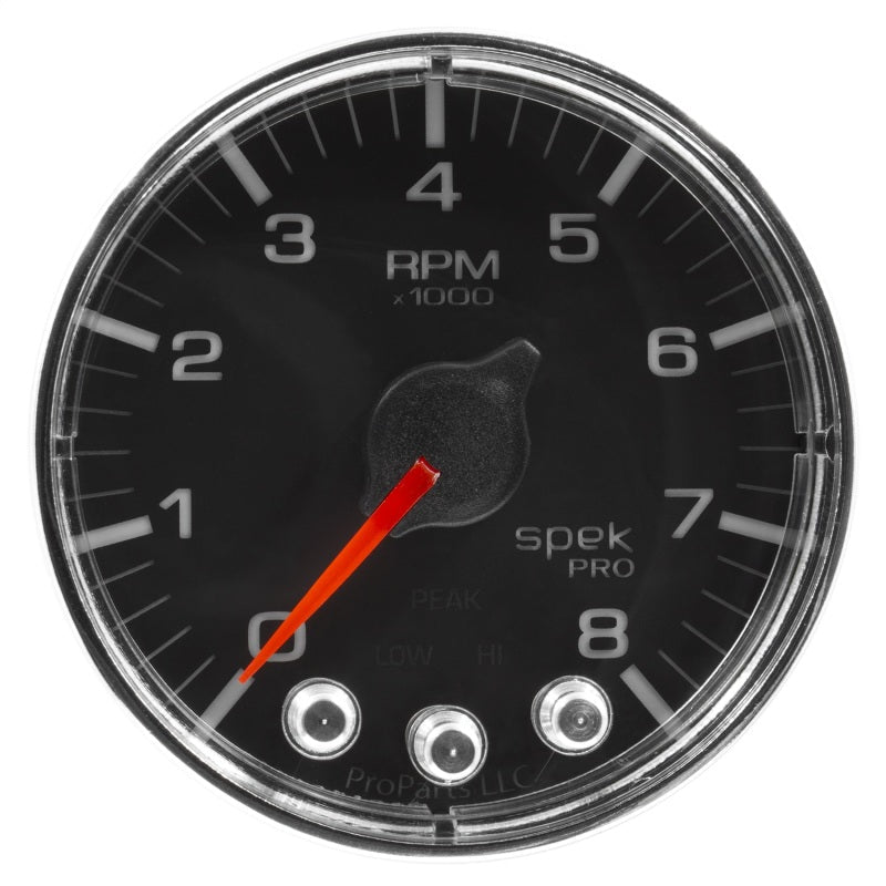 Autometer Spek - Pro Tachometer Gauge 2 1/16in 8K Rpm W/ Shift Light & Peak Mem Black / Chrome Universal | P334318 - JDMuscleTachometersatmP334318