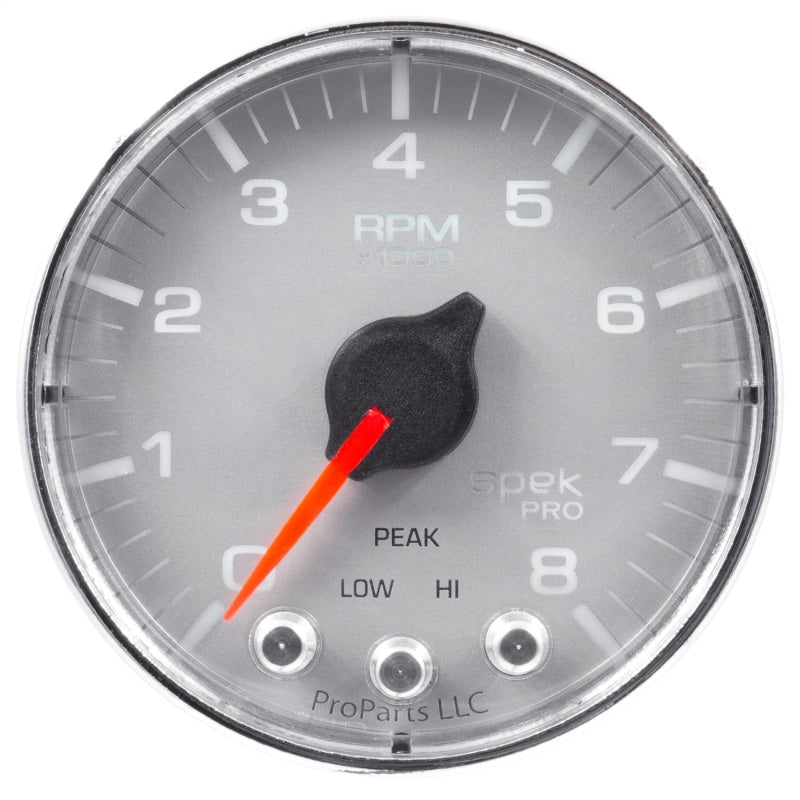 Autometer Spek - Pro Tachometer Gauge 2 1/16in 8K Rpm W/ Shift Light & Peak Mem Silver / Chrome Universal | P334218 - JDMuscleTachometersatmP334218