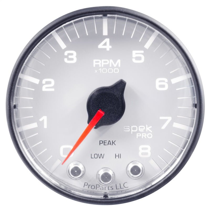 Autometer Spek - Pro Tachometer Gauge 2 1/16in 8K Rpm W/ Shift Light & Peak Mem White / Black Universal | P334128 - JDMuscleTachometersatmP334128