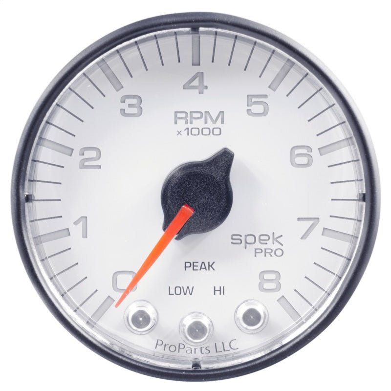 Autometer Spek - Pro Tachometer Gauge 2 1/16in 8K Rpm W/ Shift Light & Peak Mem White / Black Universal | P334128 - JDMuscleTachometersatmP334128