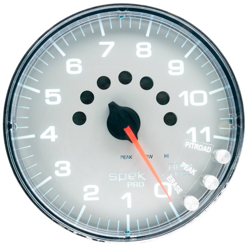 Autometer Spek - Pro Tachometer Gauge 5in 11K Rpm W/Shift Light & Peak Mem Silver/Chrome Universal | P239218 - JDMuscleTachometersatmP239218