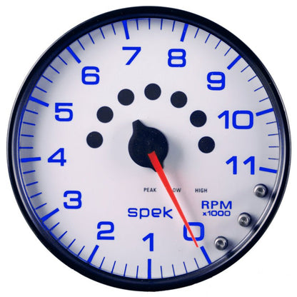 Autometer Spek - Pro Tachometer Gauge 5in 11K Rpm W/Shift Light & Peak Mem White/Black Universal | P23912 - JDMuscleTachometersatmP23912