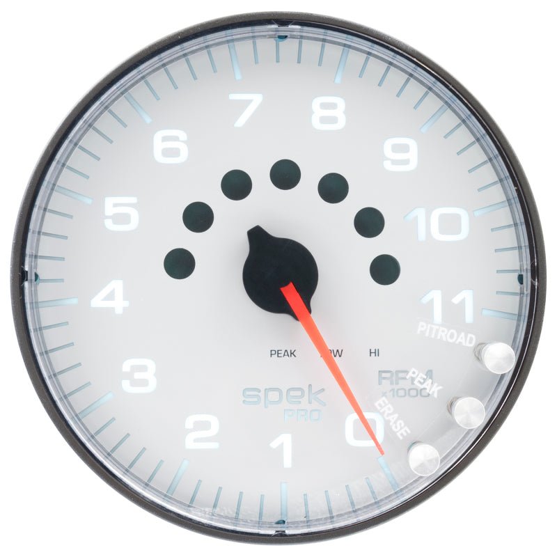 Autometer Spek - Pro Tachometer Gauge 5in 11K Rpm W/Shift Light & Peak Mem White/Black Universal | P239128 - JDMuscleTachometersatmP239128