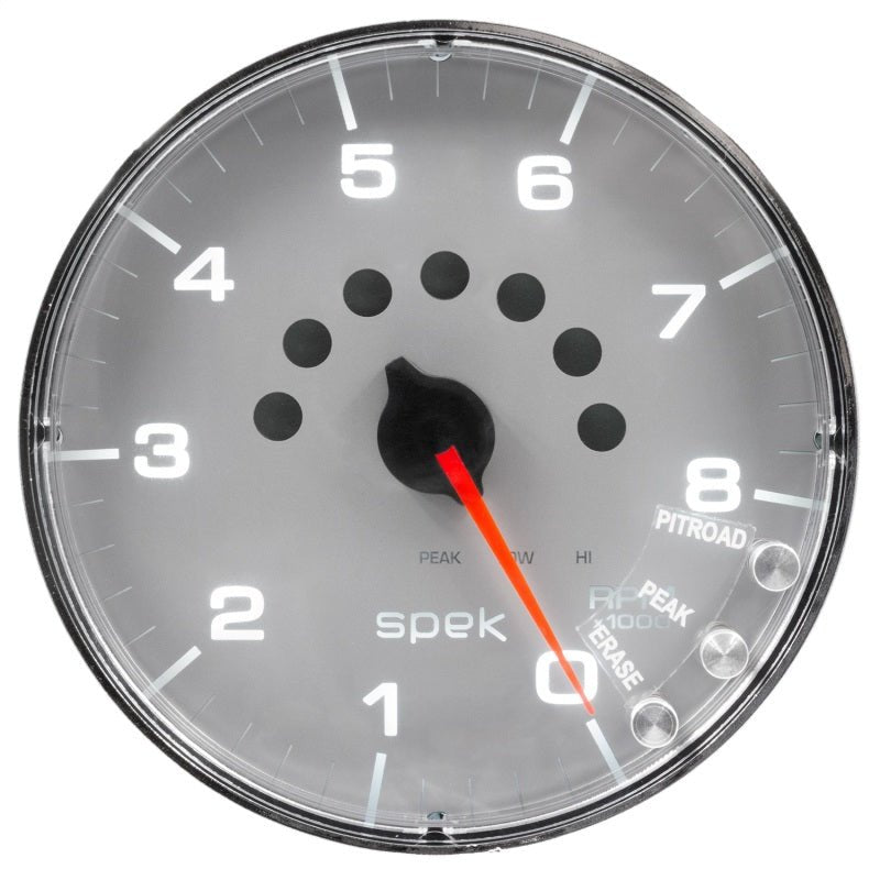 Autometer Spek - Pro Tachometer Gauge 5in 8K Rpm W/Shift Light & Peak Mem Silver/Chrome Universal | P238218 - JDMuscleTachometersatmP238218