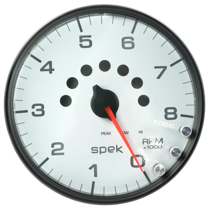 Autometer Spek - Pro Tachometer Gauge 5in 8K Rpm W/Shift Light & Peak Mem White/Black Universal | P23812 - JDMuscleTachometersatmP23812