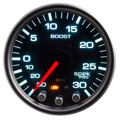 Autometer Spek - Pro Vaccum/Boost Gauge 2 1/16in 30Inhg - 30psi Stepper Motor Peak & Warn Black / Smoke / Black Universal | P30252 - JDMuscleBoost GaugesatmP30252