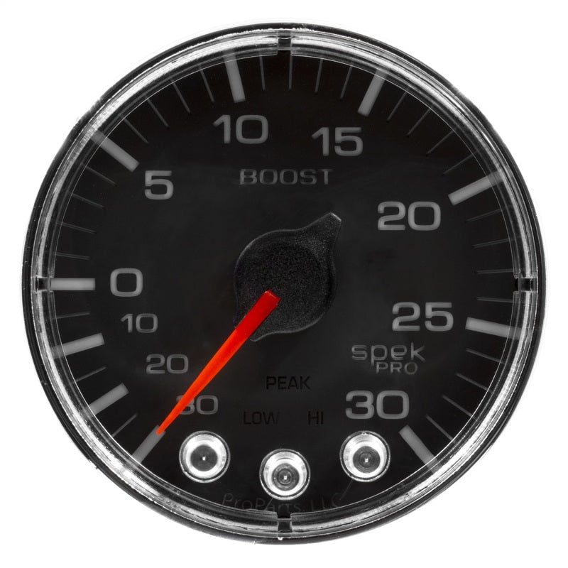 Autometer Spek - Pro Vaccum/Boost Gauge 2 1/16in 30Inhg - 30psi Stepper Motor W/Peak & Warn Black / Chrome Universal | P302318 - JDMuscleBoost GaugesatmP302318