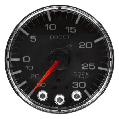 Autometer Spek - Pro Vaccum/Boost Gauge 2 1/16in 30Inhg - 30psi Stepper Motor W/Peak & Warn Black / Chrome Universal | P302318 - JDMuscleBoost GaugesatmP302318