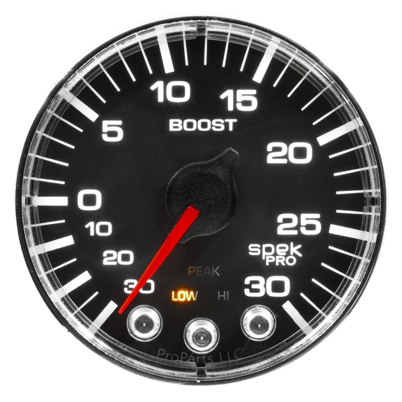 Autometer Spek - Pro Vaccum/Boost Gauge 2 1/16in 30Inhg - 30psi Stepper Motor W/Peak & Warn Black / Chrome Universal | P302318 - JDMuscleBoost GaugesatmP302318