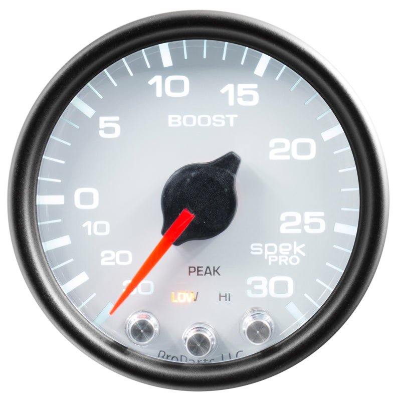 Autometer Spek - Pro Vaccum/Boost Gauge 2 1/16in 30Inhg - 30psi Stepper Motor W/Peak & Warn White/Black Universal | P30212 - JDMuscleBoost GaugesatmP30212