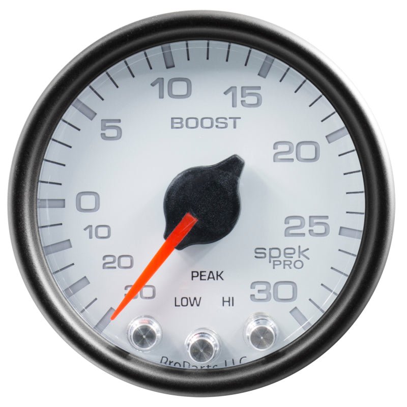 Autometer Spek - Pro Vaccum/Boost Gauge 2 1/16in 30Inhg - 30psi Stepper Motor W/Peak & Warn White/Black Universal | P30212 - JDMuscleBoost GaugesatmP30212