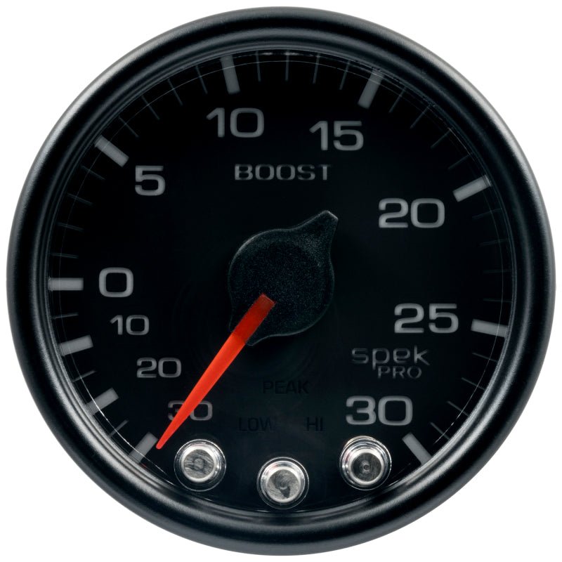 Autometer Spek - Pro vacuum/Boost Gauge 2 1/16in 30Inhg - 30psi Stepper Motor W/Peak & Warn Black / Black Universal | P30232 - JDMuscleBoost GaugesatmP30232