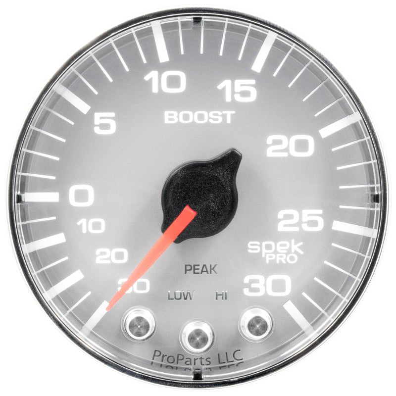 Autometer Spek - Pro Vacuum/Boost Gauge 2 1/16in 30Inhg - 30psi Stepper Motor W/Peak & Warn Silver / Chrome Universal | P302218 - JDMuscleBoost GaugesatmP302218
