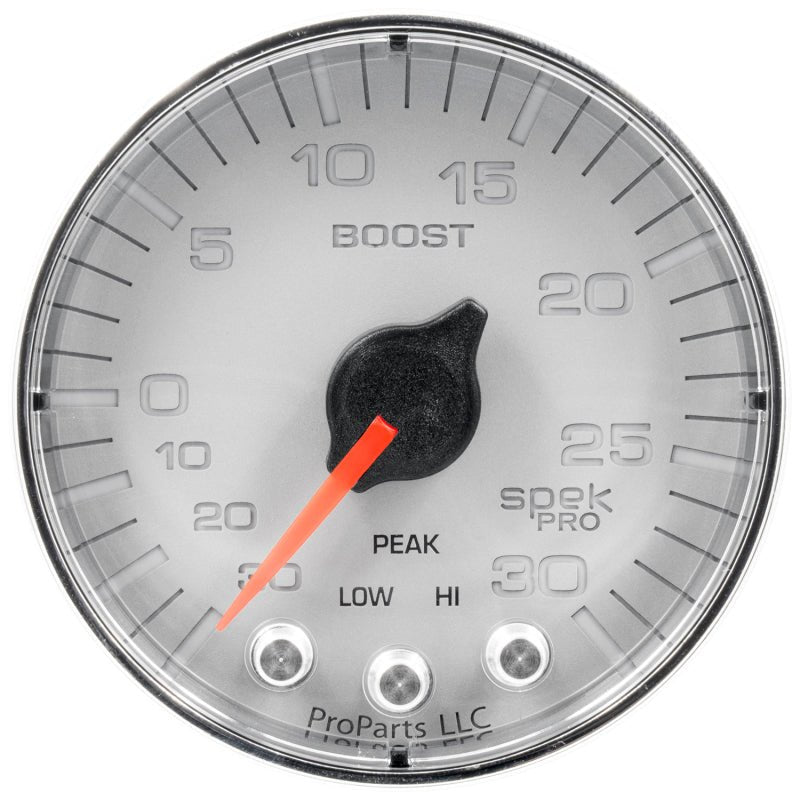 Autometer Spek - Pro Vacuum/Boost Gauge 2 1/16in 30Inhg - 30psi Stepper Motor W/Peak & Warn Silver / Chrome Universal | P302218 - JDMuscleBoost GaugesatmP302218