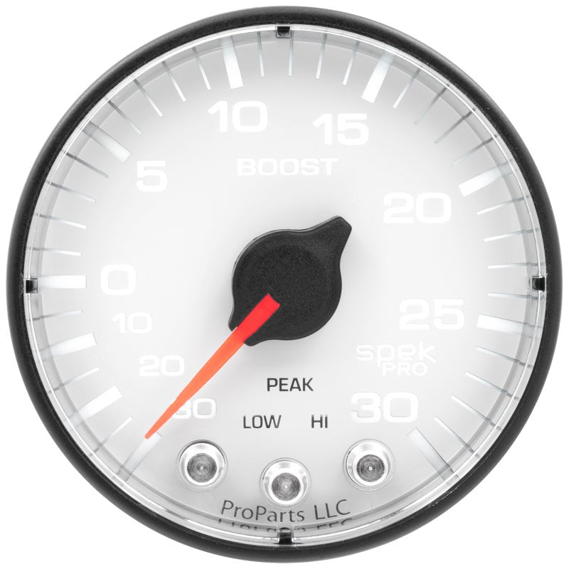 Autometer Spek - Pro Vacuum/Boost Gauge 2 1/16in 30Inhg - 30psi Stepper Motor W/Peak & Warn White/Black Universal | P302128 - JDMuscleBoost GaugesatmP302128