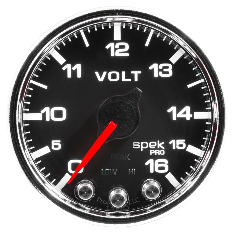 Autometer Spek - Pro Voltmeter Gauge 2 1/16in 16V Stepper Motor W/Peak & Warn Black / Chrome Universal | P34431 - JDMuscleVolt GaugesatmP34431