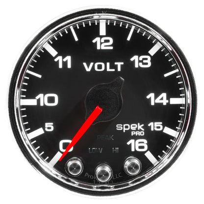 Autometer Spek - Pro Voltmeter Gauge 2 1/16in 16V Stepper Motor W/Peak & Warn Black / Chrome Universal | P34431 - JDMuscleVolt GaugesatmP34431