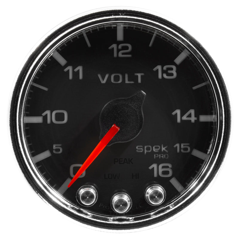 Autometer Spek - Pro Voltmeter Gauge 2 1/16in 16V Stepper Motor W/Peak & Warn Black / Chrome Universal | P34431 - JDMuscleVolt GaugesatmP34431