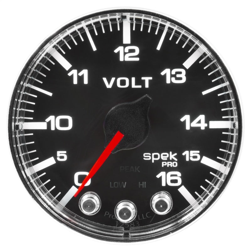 Autometer Spek - Pro Voltmeter Gauge 2 1/16in 16V Stepper Motor W/Peak & Warn Black / Chrome Universal | P344318 - JDMuscleVolt GaugesatmP344318