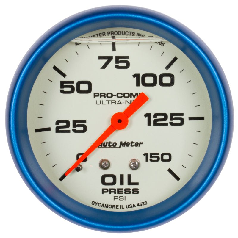 Autometer Ultra - Nite 2 - 5/8in 0 - 150 PSI Liquid Filled Mechanical Glow In Dark Oil Pressure Gauge Universal | 4223 - JDMusclePressure Gaugesatm4223