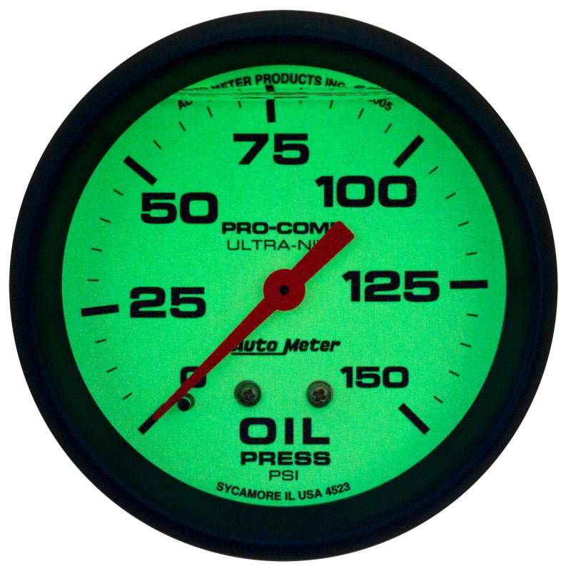 Autometer Ultra - Nite 2 - 5/8in 0 - 150 PSI Liquid Filled Mechanical Glow In Dark Oil Pressure Gauge Universal | 4223 - JDMusclePressure Gaugesatm4223