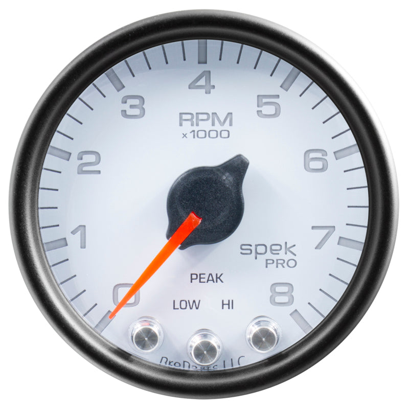 Autometer Spek-Pro Tachometer Gauge 2 1/16in 8K Rpm W/ Shift Light & Peak Mem White / Black Universal | P33412