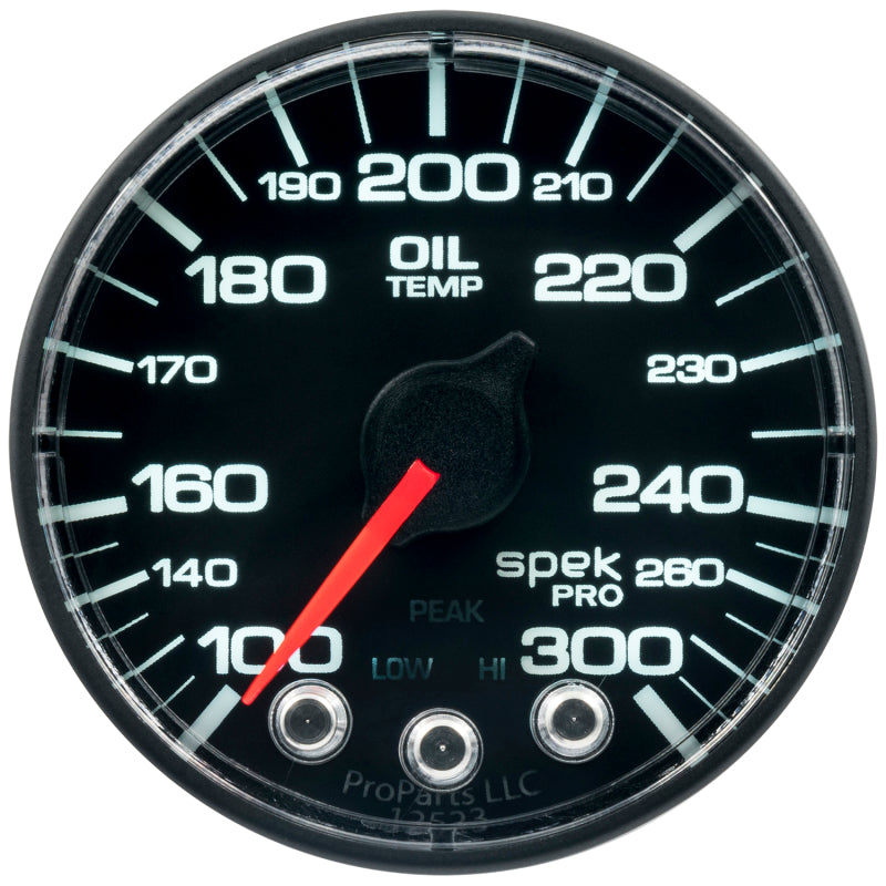 Autometer Spek-Pro Gauge Oil Temperature 2 1/16in 300f Stepper Motor W/Peak & Warn Black / Black Universal | P322324