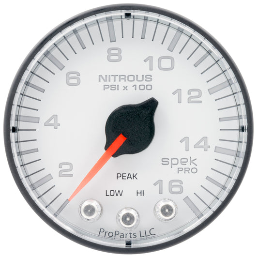 Autometer Spek-Pro 2 1/16in 1600PSI Stepper Motor w/ Peak & Warn White/Black Nitrous Pressure Gauge Universal | P320128