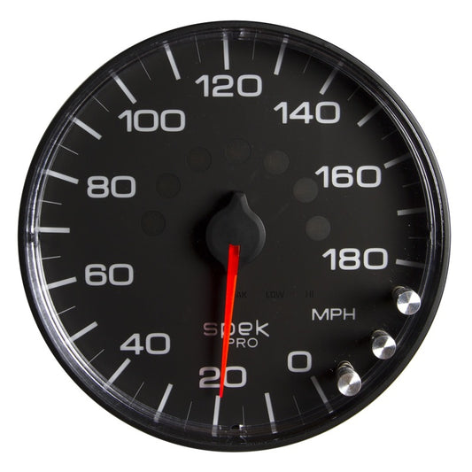 Autometer Spek-Pro Gauge Speedometer 5in 180 Mph Electric Programmable Black/Black Universal | P230328