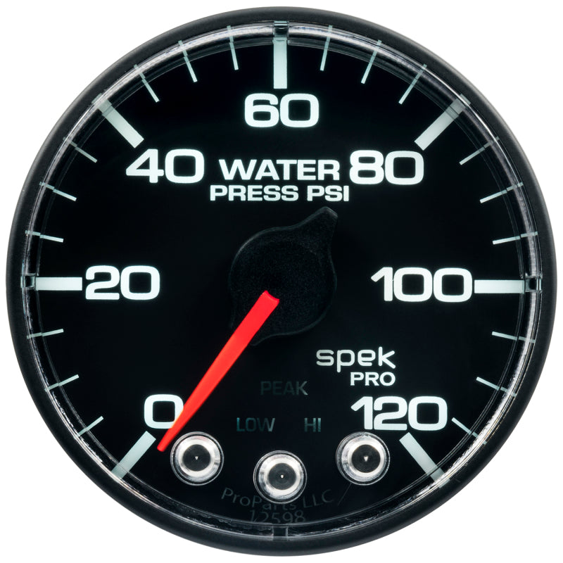 Autometer Spek-Pro Gauge Water Pressure 2 1/16in 120psi Stepper Motor W/Peak & Warn Black / Black Universal | P345324