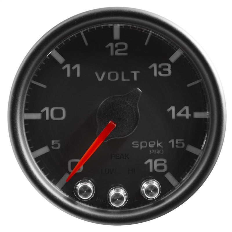 Autometer Spek-Pro Voltmeter Gauge 2 1/16in 16V Stepper Motor W/Peak & Warn Black / Black Universal | P34432