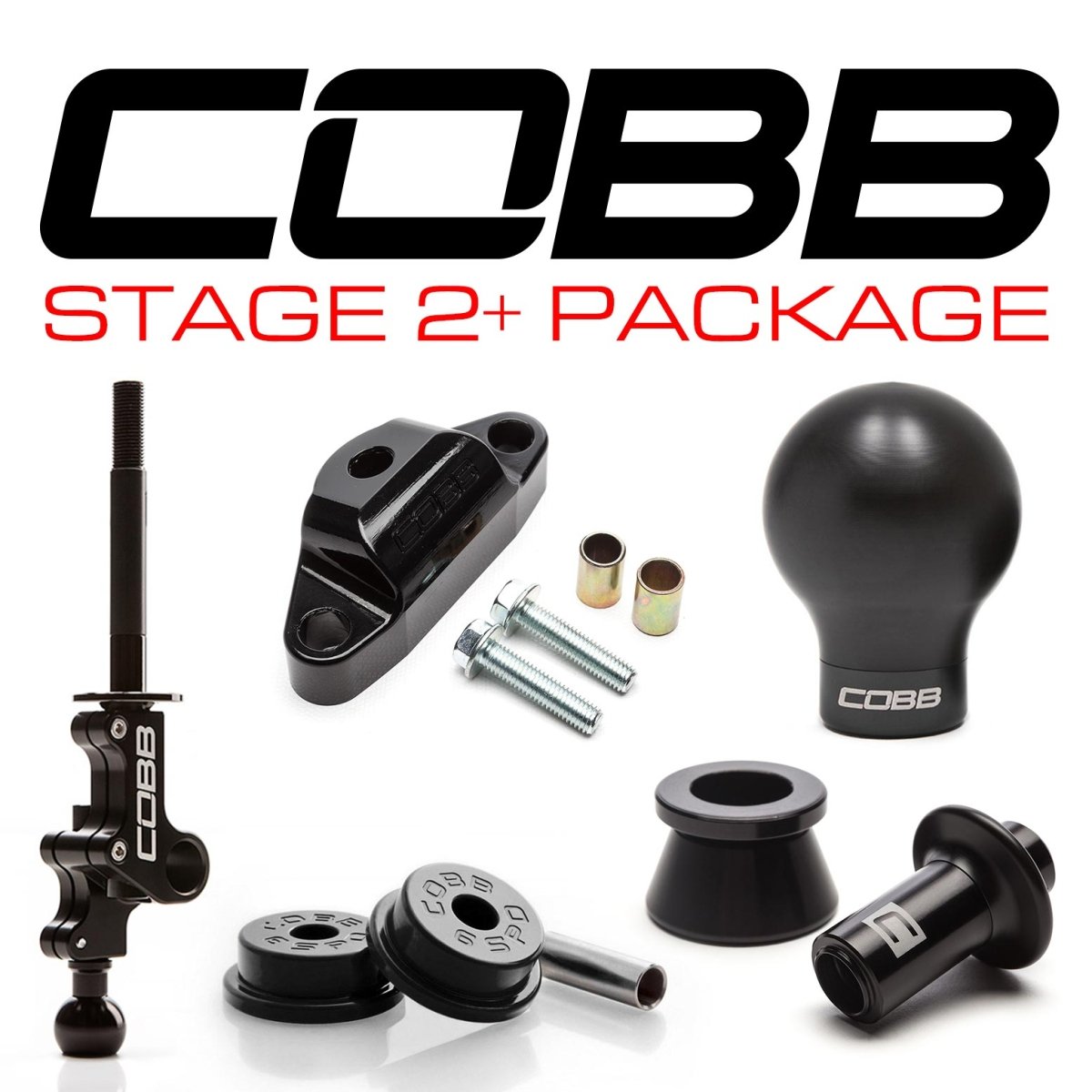 Cobb STI 6MT Stage 2+ Drivetrain Package w/Weighted White Knob + Stealth Black Lockout - JDMuscleShifter and Bushing Comboscobb215X02P-WK-WT-BKBK