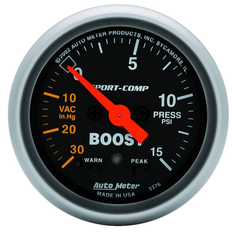 Autometer Sport-Comp 52mm Electronic Full Sweep 30 In Hg.-Vac./15 PSI Boost Gauge Universal | 3376