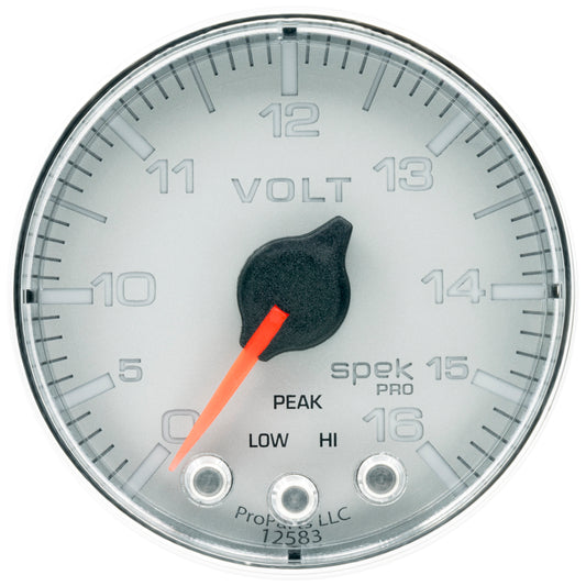 Autometer Spek-Pro Gauge Voltmeter 2 1/16in 16V Stepper Motor W/Peak & Warn Silver / Chrm Universal | P344218