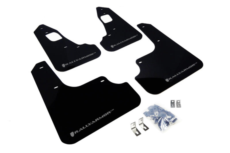 Rally Armor UR Black Mud Flap w/ Silver Logo Mitsubishi EVO X 2008-2017 | MF10-UR-BLK/SIL