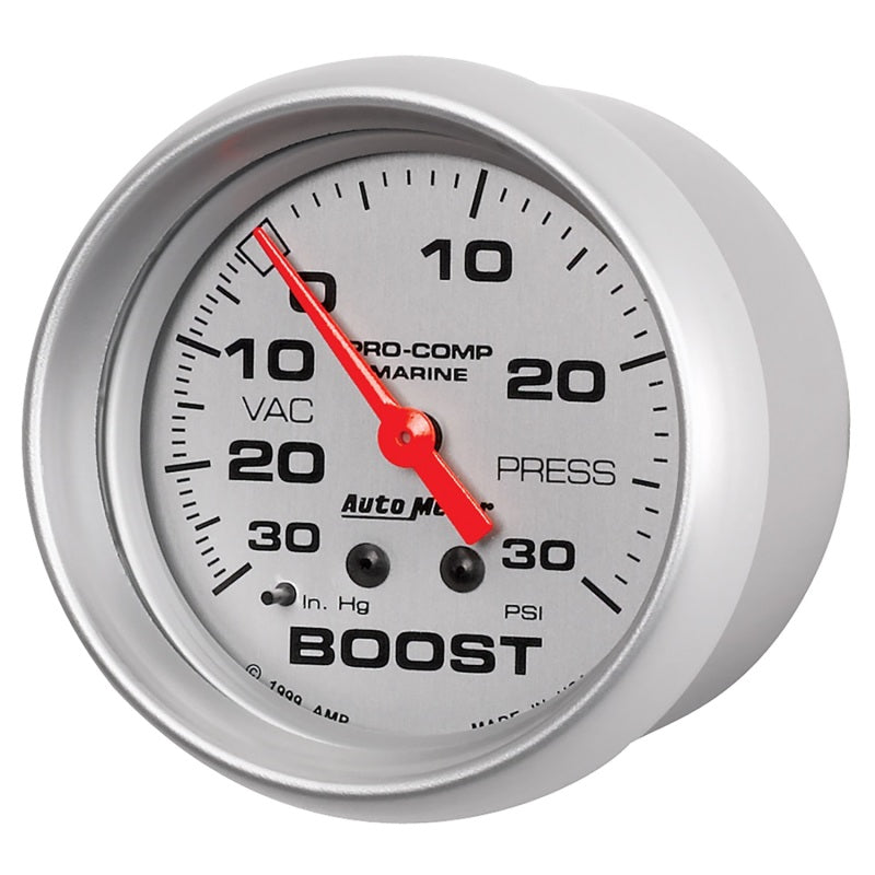 AutoMeter Marine Vac/Boost Gauge 2 5/8in 30INHG 30PSI Mechanical Silver Universal | 200775-33