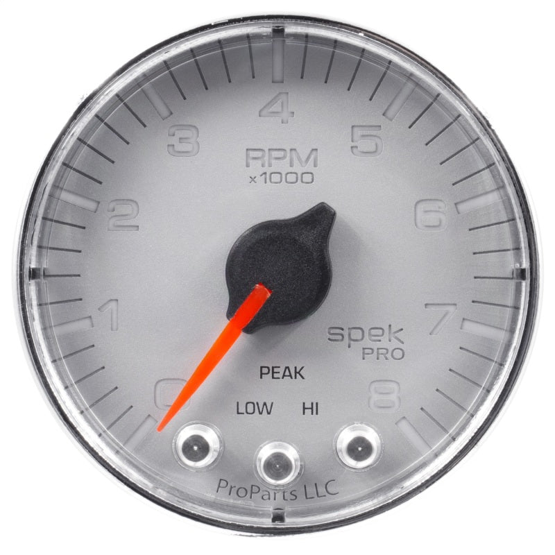 Autometer Spek-Pro Tachometer Gauge 2 1/16in 8K Rpm W/ Shift Light & Peak Mem Silver / Chrome Universal | P334218